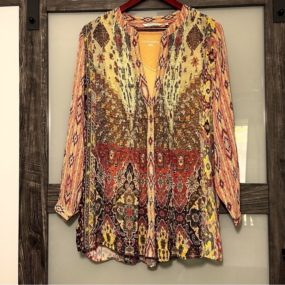 Soft Surroundings Southwest Boho Aztec Graphic Tunic Blouse Women's Medium